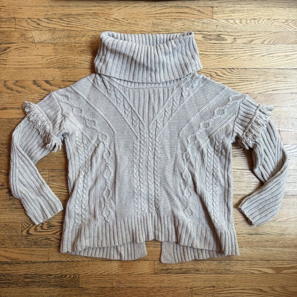 Artisan NY Turtleneck Sweater Womens S Wool Boho Tan Fringe Open Back Cable Knit